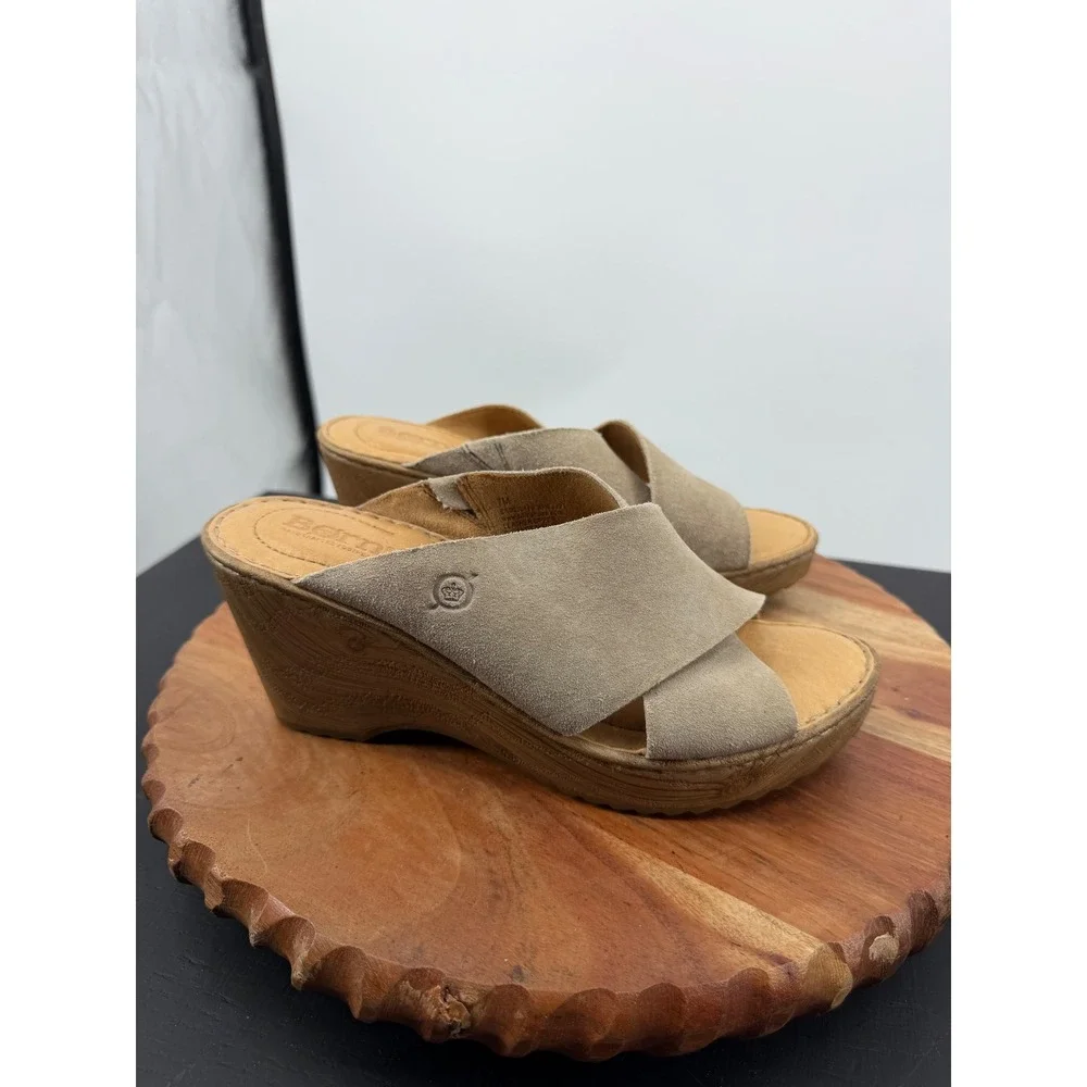 Born Nora Wedge Sandals Womens 7M Taupe Suede Crisscross Slide BR0036179